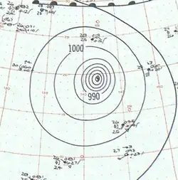 Map of a tropical cyclone's position and other meteorological variables. The map shows isobars, or contours of barometric pressure, as lines with numbers denoting the pressure.