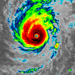 An animation showing the structural evolution of a typhoon's innermost core region. Its eye gradually shrinks until it disappears; after some clouds swirl about in the center of the storm, a new eye emerges; the new eye is slightly larger than the old one. The typhoon's clouds are colored with different shades of blue, yellow, green, orange, red, and black; the lighter colors represent shallow convection on the fringes of the typhoon, while the darker colors represent extremely heavy precipitation near the core of the typhoon.