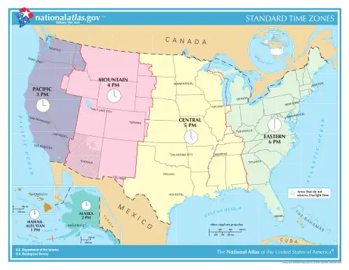 Map of U.S. time zones between April 2, 2006, and March 11, 2007. The current time zone now has Pulaski County, Indiana in the Eastern Time Zone and no longer in the Central Time Zone.