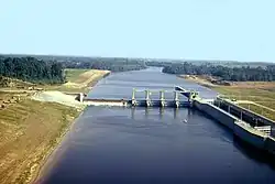 A lock and dam on a medium-sized river