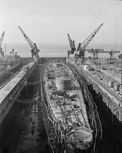 USS Newport News under construction in January 1947.