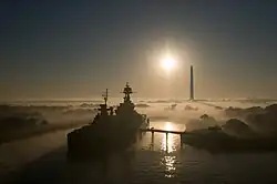 USS Texas and the Monument seen at sunrise in late 2007
