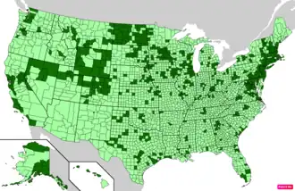 Counties in the United States by median family household income according to the U.S. Census Bureau American Community Survey 2013–2017 5-Year Estimates.[53] Counties with median family household incomes higher than the United States as a whole are in full green.