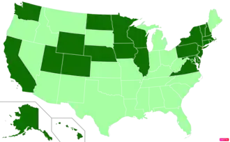 States in the United States by median family household income according to the U.S. Census Bureau American Community Survey 2013–2017 5-Year Estimates.[53] States with median family household incomes higher than the United States as a whole are in full green.