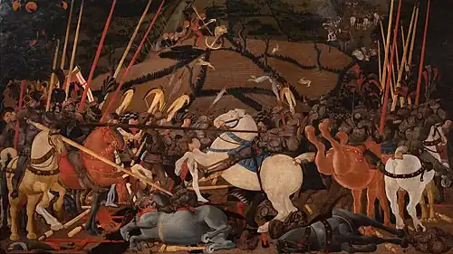 Niccolò Mauruzi da Tolentino unseats Bernardino della Carda[10] at the Battle of San Romano (dating uncertain, c. 1435–1455), tempera on wood, 182 × 320 cm, Galleria degli Uffizi, Florence