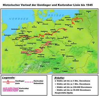 The Uerdingen and the Karlsruhe line. The Karlsruhe line divides the High Franconian dialects from the Upper German dialects.