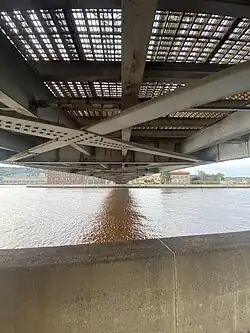 Underside of the lowered Aerial Lift Bridge (2024)