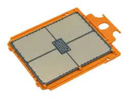 Oblique view of an AMD Ryzen Threadripper 7970X with golden-colored surface areas