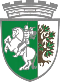 The coat of arms of Sliven since 1995, featuring a shield with a man on a horse on the left and The Old Elm on the right, with the top of a castle on the top