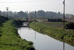A stream perhaps 20 feet (6.1 m) wide flows between grassy banks and telephone poles on either side. Waterfowl float on the stream near a low bridge in the middle distance. In the far distance is a line of trees.