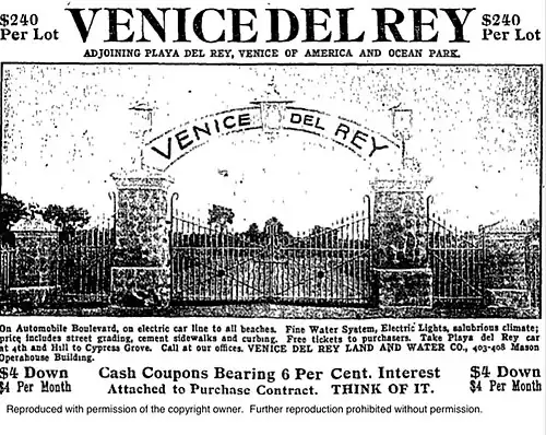 Venice Del Rey Land and Water Company advertisement, 1905, inviting buyers to inspect lots near the Cypress Grove stop of the Playa Del Rey Line