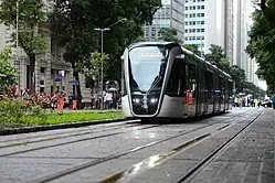 A light-rail vehicle of the VLT Carioca in Rio de Janeiro, Brazil