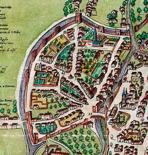 16th-century map detail showing Vicenza's eastern district with walls, gates, river, and buildings.