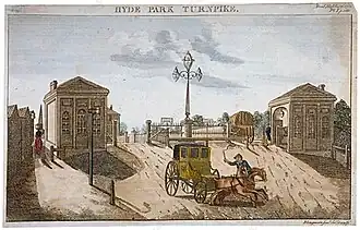Image 31The Hyde Park Gate in London, erected by the Kensington Turnpike Trust. These trusts helped to stimulate a sustained period of road improvement in the 18th century. (from Intercity bus service)
