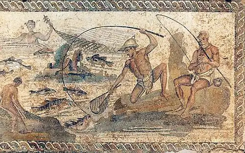 Angling in the 1st century AD. Villa of the Nile Mosaic, Leptis Magna, Tripoli National Museum