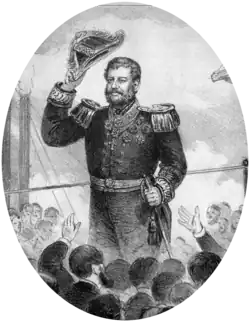 Drawing showing a man with dark hair and graying sideburns, dressed in an elaborately embroidered naval uniform having a double-breasted tunic adorned with epaulettes and medals, and who is raising his bicorn hat in acknowledgement of the waves of a cheering crowd standing below him