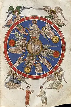 Circa 1175 A.D., Spain. Illumination from Commentary on the Apocalypse, Rylands Beatus. Elders with musical instruments and bowls, next to the Four Beasts (Revelations 4). The Lamb of God (center) beneath God the Father. Angel talking to John (bottom). Four Cherubim (or seraphim) on the corners.