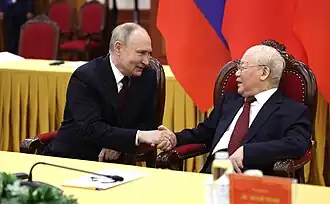 Trọng with Russian president Vladimir Putin in Hanoi, June 2024. It was his last public appearance.