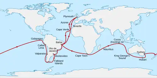 Route from Plymouth, England, south to Cape Verde then southwest across the Atlantic to Bahia, Brazil, south to Rio de Janeiro, Montevideo, the Falkland Islands, round the tip of South America then north to Valparaiso and Callao. North west to the Galapagos Islands before sailing west across the Pacific to New Zealand, Sydney, Hobart in Tasmania, and King George's Sound in Western Australia. Northwest to the Keeling Islands, southwest to Mauritius and Cape Town, then northwest to Bahia and northeast back to Plymouth.