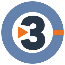 A thick blue circle with a black-colored "3" in the middle, with a small orange arrow representing a play button icon to its left, and a small orange line on the right.