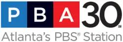 From top left: Three blocks, blue, black, and red, with white letters P, B, and A; the numeral 30 in the top right in black; beneath both, the text "Atlanta's P B S Station".