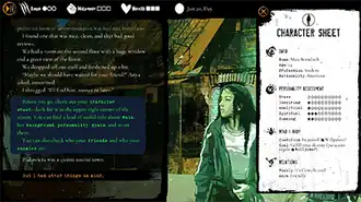 A screenshot of the game. The left half of the screen shows narration and dialogue, while the right half shows an illustration of the current scene; a character sheet has here also been opened for the player character, on top of the illustration. Across the top of the screen is a bar with indicators for the player character's health, her rage and willpower resources, and the current date.