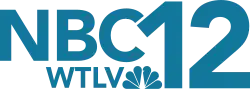 Next to the NBC network logo, a six-feathered, multi-colored peacock, a gray "12", with the 1 higher than the 2. The letters WTLV in a sans serif, also in gray, sit below the 12.