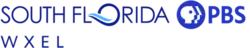 Top line: The words "SOUTH FLORIDA", all caps, in a geometric sans serif in blue. The O in Florida is larger, bolder, and has a graphic element suggesting a wave. To the right, the PBS logo in blue. Beneath, off to the left, the letters W X E L.
