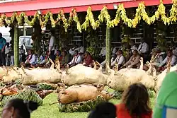The palace decorated with garlands during a katoaga. The chieftaincy sits below in the background.