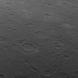 Regional view from MESSENGER's first flyby showing Wang Meng below left of center, Judah Ha-Levi at center, and Glinka in upper right.