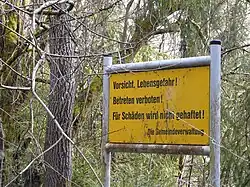 Numerous warning signs are located around the bunker grounds today: "Beware, deadly danger! No trespassing! No liability is assumed for any bodily harm! -The community administration"