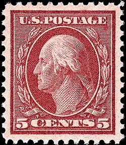 5-cent value error, with a 5-cent die wrongly placed in a 2-cent sheet (U.S. ca. 1917).
