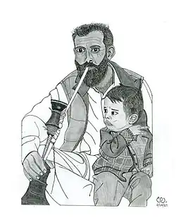 Sketch of Bakarwal man holding his son and smoking Hookah​​‌
