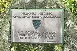 National Historic Civil Engineering Landmark plaque for the hydraulic-powered inclined plane system of the Morris Canal near Inclined Plane 4 West