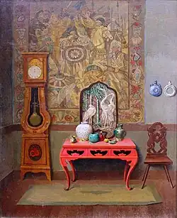 In the Artist's Studio, undated, private collection; objects include the eponymous subject of Three Cranes and the table seen in Solitaire
