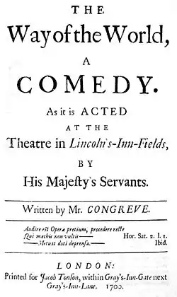 A black and white facsimile of the front cover of the original 1700 edition of the play