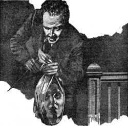 A man holds a woman's severed head in a length of cloth