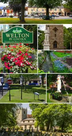 Clockwise from top: Welton centre; the war memorial in front of St Mary's Church; Welton Beck; village pump; St Mary's Church with cemetery in foreground; Victoria's jubilee lamp; village sign on Lincoln Road