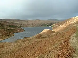 An upland lake surrounded by high moorland