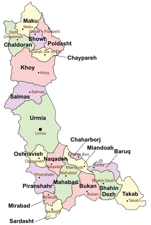 Location of Poldasht County in West Azerbaijan province (top, pink)