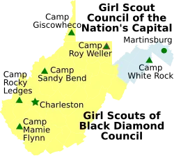 Map of West Virginia with counties showing the different Girl Scout Councils
