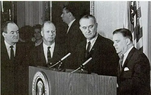 White House Awards Ceremony. Left to Right: Vice-president Hubert Humphrey, Ranger Project Manager Schurmeier, President Lyndon Johnson, NASA Administrator James E. Webb