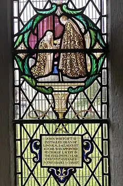 Detail of the Knight window depicting the confirmation of John Whitgift as Dean of Lincoln in 1571