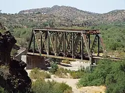 Pratt through truss BNSF Railroad Bridge, built in 1930, across the Hassayampa River in Wickenburg.