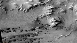 Gullies on mounds and dunes in Galle crater, as seen by CTX camera. Note this is an enlargement of previous photo.