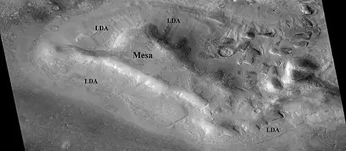 Lobate debris aprons (LDAs) around a mesa, as seen by CTX. Mesa and LDAs are labeled so one can see their relationship. Radar studies have determined that LDAs contain ice; therefore, these can be important for future colonists of Mars. Location is Ismenius Lacus quadrangle.