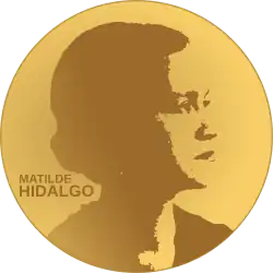 A golden medallion with an image of Matilde Hidalgo de Procel facing right in profile. To the left of the woman is the text "Matilde" then "Hidalgo"