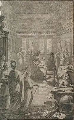 Frontispiece of Wilhelmus Beurs' book, showing three ladies looking at meter-square panels on the wall, 1692