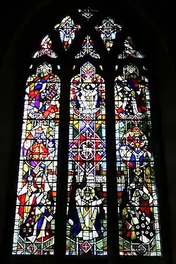 Stained glass window by Lawrence Lee in St John the Baptist's church, Penshurst, Kent. Presented by the people of Penshurst in August 1970 in commemoration of the institution of Wilhelmus as the first Parish priest on 27 December 1170 by Thomas Becket.