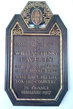Memorial to St Swithun's parishioner William Henry Laverty, killed in World War I.